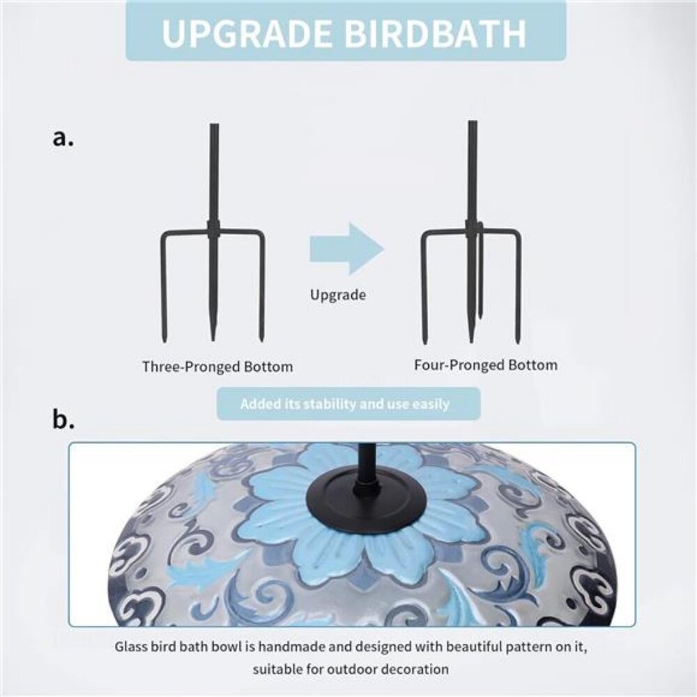 Glass Bird Baths, Garden Outdoor Birdbaths Birdfeeder with Metal Stake - Picture 5 of 8